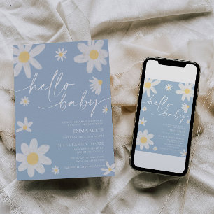 Hello Baby Dusty Blue Daisy Baby Shower  Invitation