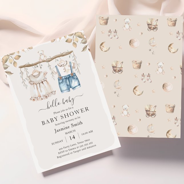 Hello Baby Elegant Boho Clothes Baby Shower Invitation (Creator Uploaded)