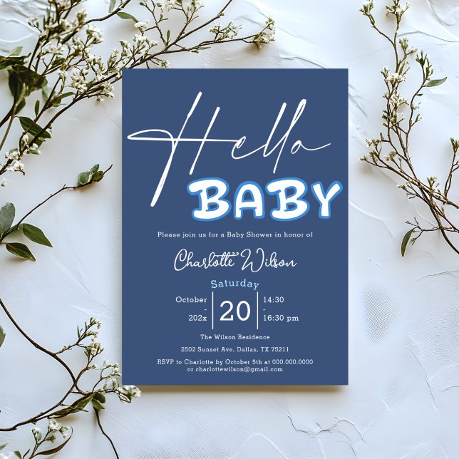 Hello Baby Elegant Dark Blue Baby Shower Invitation (Creator Uploaded)