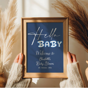 Hello Baby Elegant Dark Blue Baby Shower Welcome Poster