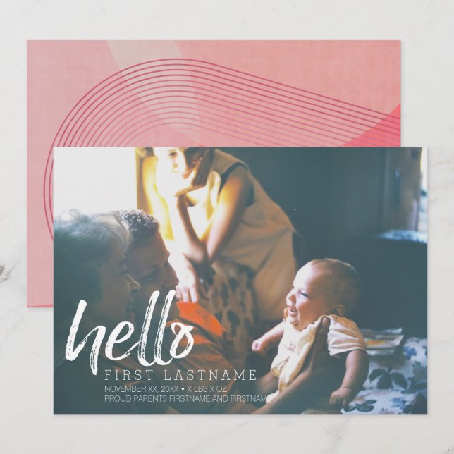 Hello Baby Girl - brushed letters watercolor pink Announcement (Front/Back)