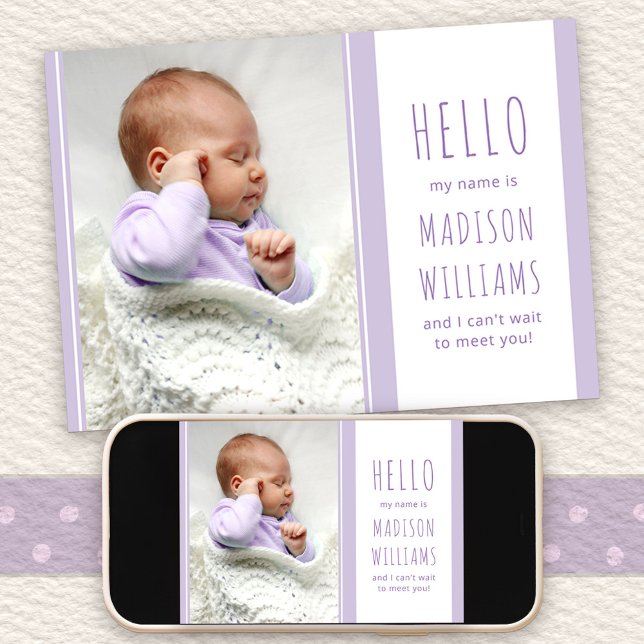 Hello Baby Girl Photo Sweet Lilac Birth Announcement (Hello Baby Birth Announcement with message on the back)