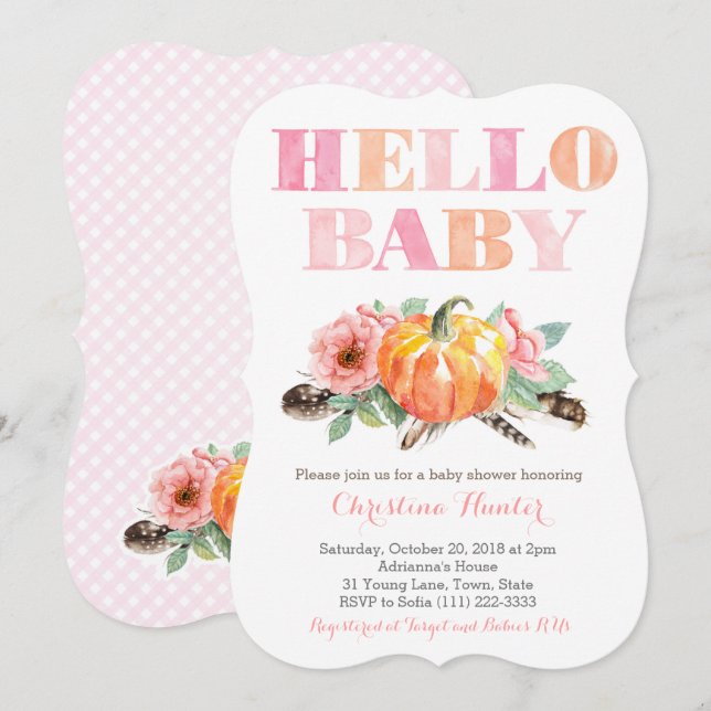 HELLO BABY Girl Shower Cards Pumpkins Roses (Front/Back)