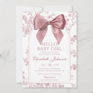 Hello Baby Girl Vintage Pink Bow Baby Shower Invitation
