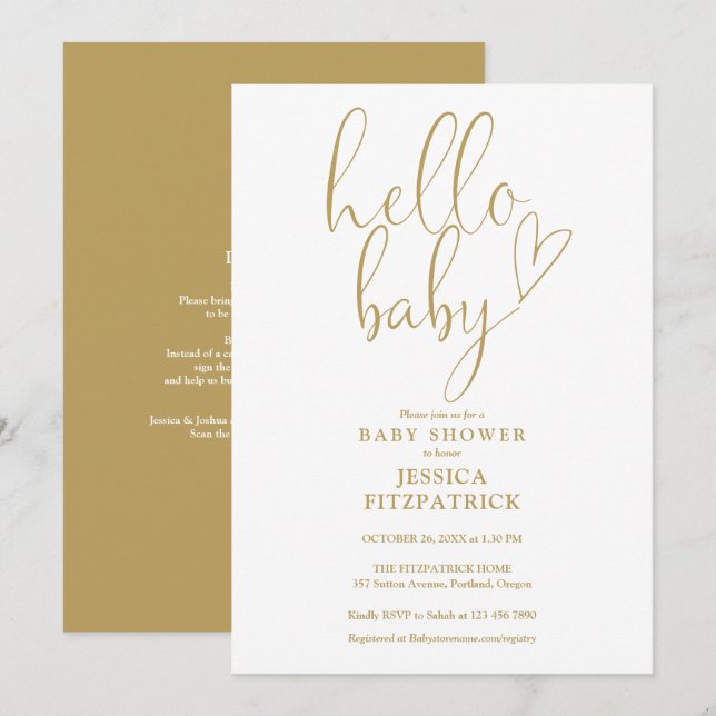 Hello Baby Gold Script All In One Baby Shower Invitation (Front/Back)