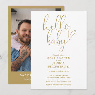 Hello Baby Gold Script Heart Photo Baby Shower Invitation