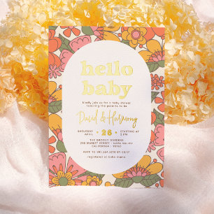 Hello Baby   Groovy Retro Floral Gold Baby Shower