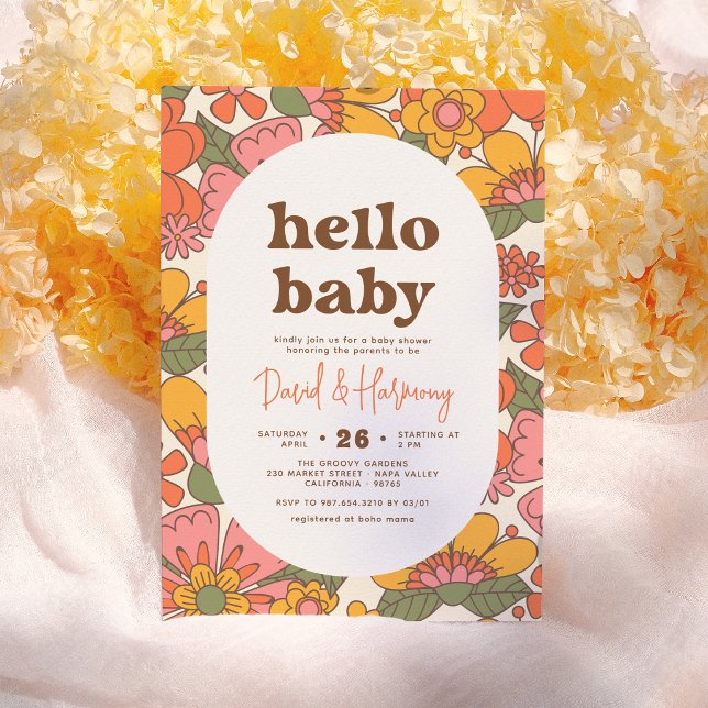 Hello Baby | Groovy Retro Flowers Boho Baby Shower Invitation (Creator Uploaded)