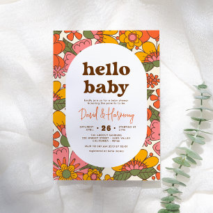 Hello Baby   Groovy Retro Flowers Boho Baby Shower Invitation