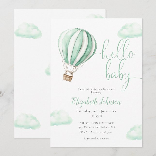 Hello Baby Hot Air Balloon Neutral Baby Shower Invitation (Front/Back)