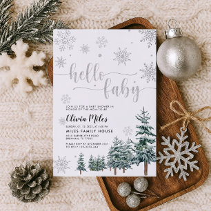 Hello Baby invitation, silver winter baby shower Invitation