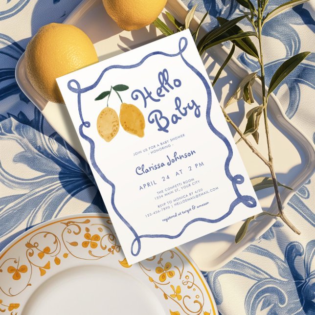 Hello Baby Lemon Italian Amalfi Boys Baby Shower Invitation (Lemon Boys Baby Shower Invite)