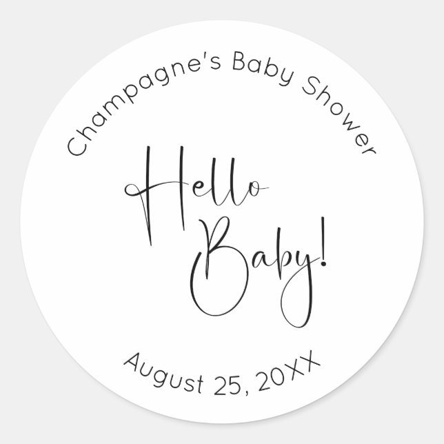 Hello Baby Modern Script Baby Shower Classic Round Sticker (Front)