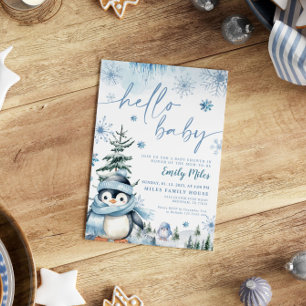 Hello Baby Penguin, Winter blue baby shower Invitation