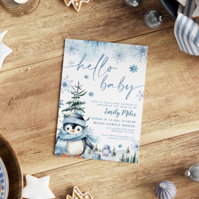 Hello Baby Penguin, Winter blue baby shower Invitation (Creator Uploaded)