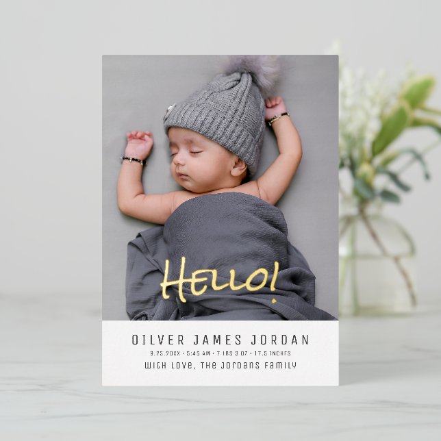 Hello Baby Photo Birth Announcement Modern Elegant (Standing Front)