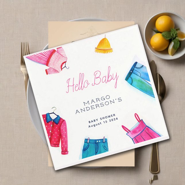 Hello Baby Pink Blue Clothes Baby Shower Napkin (Creator Uploaded)