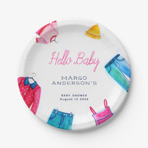 Hello Baby Pink Blue Clothes Baby Shower Paper Plate