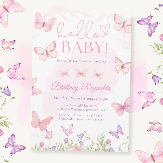 Hello Baby Pink Butterfly Baby Shower Invitation (Creator Uploaded)