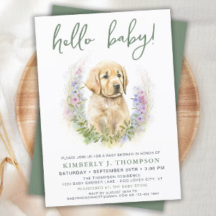 Hello Baby Puppy Dog Modern Sage Green Baby Shower Invitation