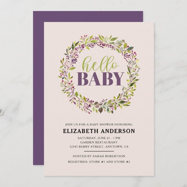 Hello Baby Purple Wreath Baby Shower Invitation (Front/Back)