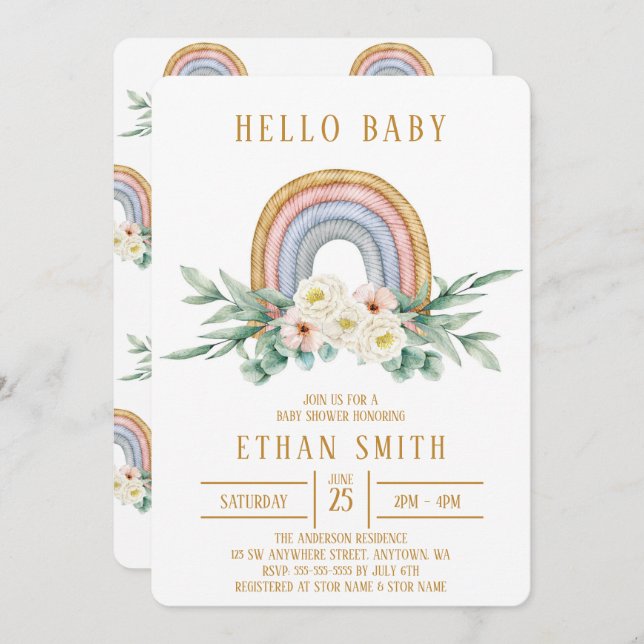 Hello Baby Rainbow Floral Watercolor Baby Shower Invitation (Front/Back)