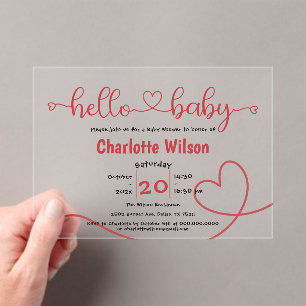 Hello Baby Red Heart Minimal Baby Shower Acrylic Invitations