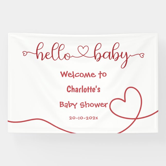 Hello Baby Red Heart Minimal Baby Shower Banner (Horizontal)