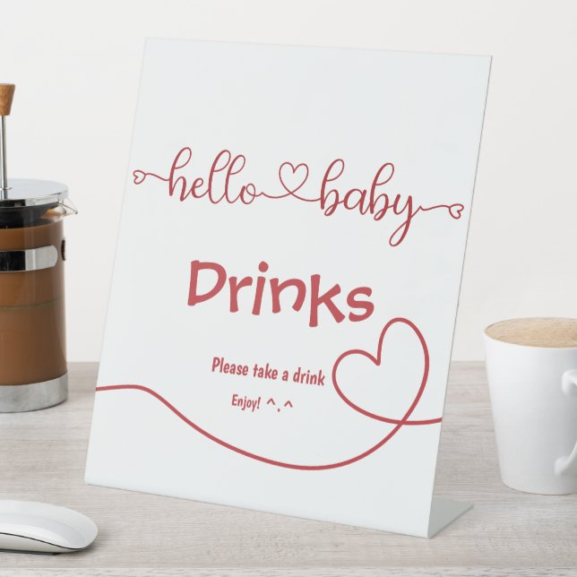 Hello Baby Red Heart Minimal Baby Shower Drinks Pedestal Sign (In SItu)