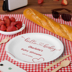 Hello Baby Red Heart Minimal Baby Shower Paper Plate