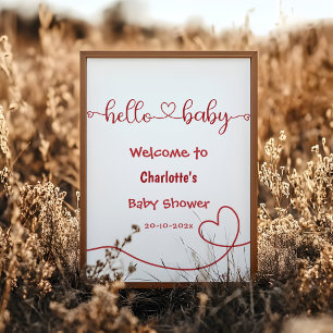 Hello Baby Red Heart Minimal Baby Shower Welcome Poster