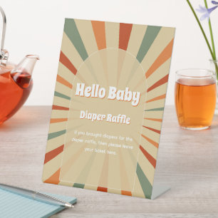 Hello Baby Retro 70's Baby Shower Diaper Raffle Pedestal Sign