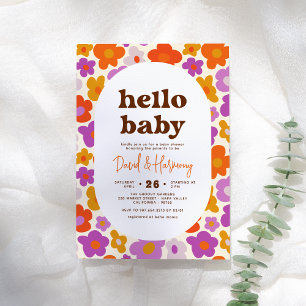Hello Baby Retro Daisy Orange & Purple Baby Shower Invitation