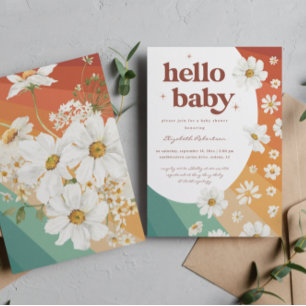 Hello Baby   Retro Daisy Rainbow Baby Shower Invitation