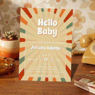 Hello Baby Retro Sage Green Red Orange Baby Shower Invitation