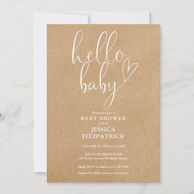 Hello Baby Rustic Kraft All In One Baby Shower Invitation (Front)