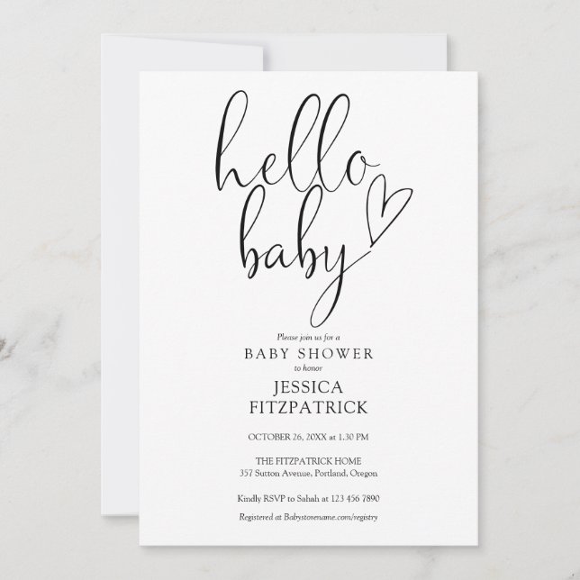 Hello Baby Script Black And White Baby Shower Invitation (Front)