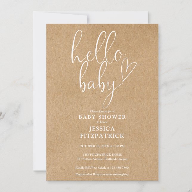 Hello Baby Script Boho Kraft Baby Shower Invitation (Front)