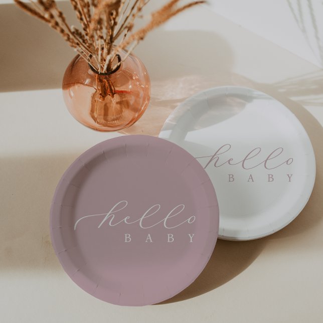 Hello Baby Script Minimalist Baby Shower Paper Plate (Creator Uploaded)