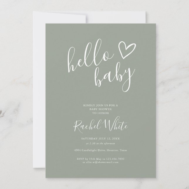 Hello Baby Shower All In One Neutral Sage Green Invitation (Front)