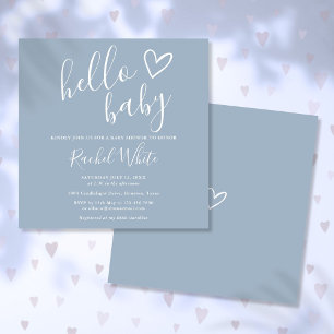 Hello Baby Shower Baby Boy Dusty Blue Cute Heart Invitation