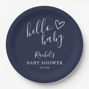 Hello Baby Shower Baby Boy Navy Blue Cute Heart Paper Plate