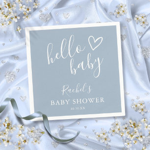 Hello Baby Shower Dusty Blue Baby Boy Cute Heart Napkin