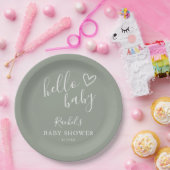 Hello Baby Shower Gender Neutral Boho Sage Green Paper Plate (Party)