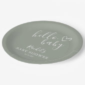 Hello Baby Shower Gender Neutral Boho Sage Green Paper Plate (Angled)