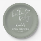 Hello Baby Shower Gender Neutral Boho Sage Green Paper Plate (Front)