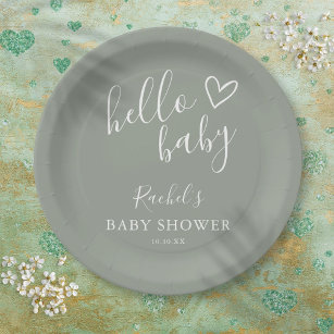 Hello Baby Shower Gender Neutral Boho Sage Green Paper Plate
