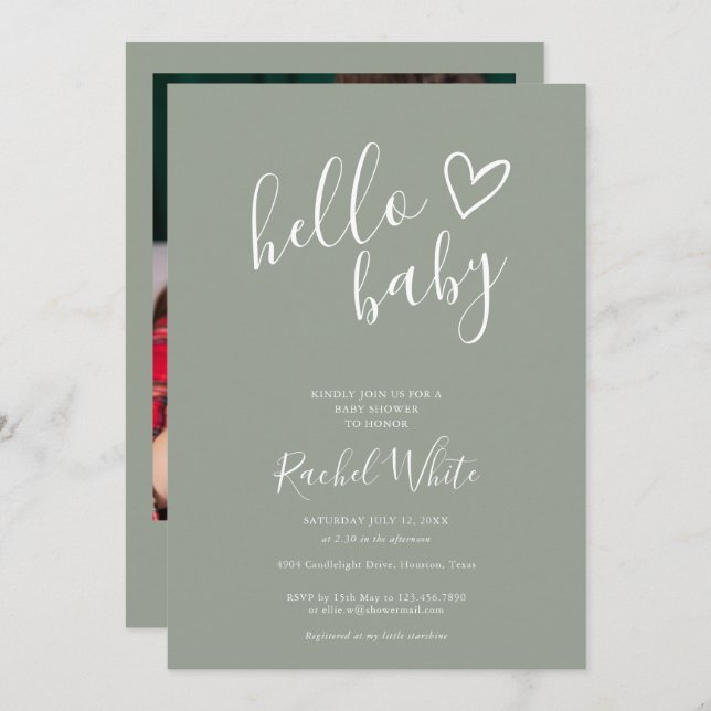 Hello Baby Shower Gender Neutral Sage Green Photo Invitation (Front/Back)