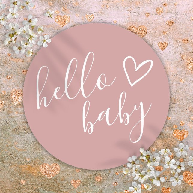 Hello Baby Shower Girl Dusty Rose Cute Heart Classic Round Sticker (Hello Baby Shower Girl Dusty Rose Cute Heart Classic Round Sticker)