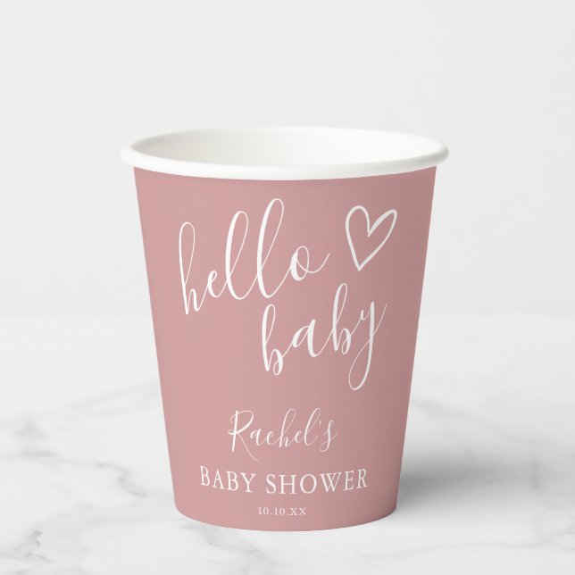 Hello Baby Shower Girl Dusty Rose Pink Cute Heart Paper Cups (Front)